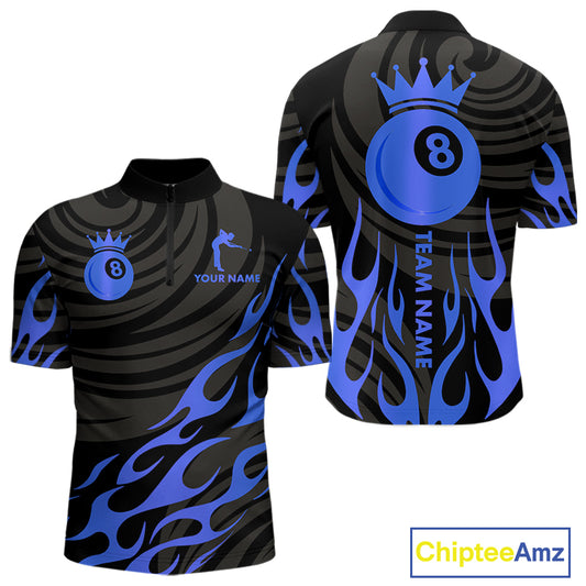 Custom Crown 8 Ball Billiard Shirt For Men, Black And Blue Pool Team Jersey Polo & Quarter Zip TDM5459