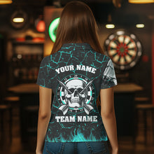 Load image into Gallery viewer, Personalized Turquoise Glowing Crack Skull Dart Shirts Custom Scary Dart Shirts For Women Dart Jersey TDM3416