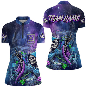 Death Skeleton Blue Purple Galaxy Dart Shirts For Women Custom Darts Jerseys TDM3561