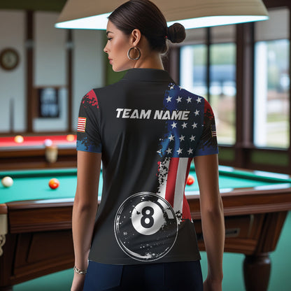 Personalized Grunge 8 Ball Pool American Flag Billiard Shirts For Women, US Flag Billiard Jerseys TDM3718