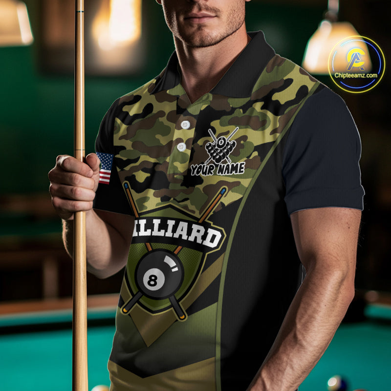 Personalized Green Camo 8 Ball Pool Billiard Shirt For Men, Billiard Team Jersey Polo & 1/4 Zip TDM6076
