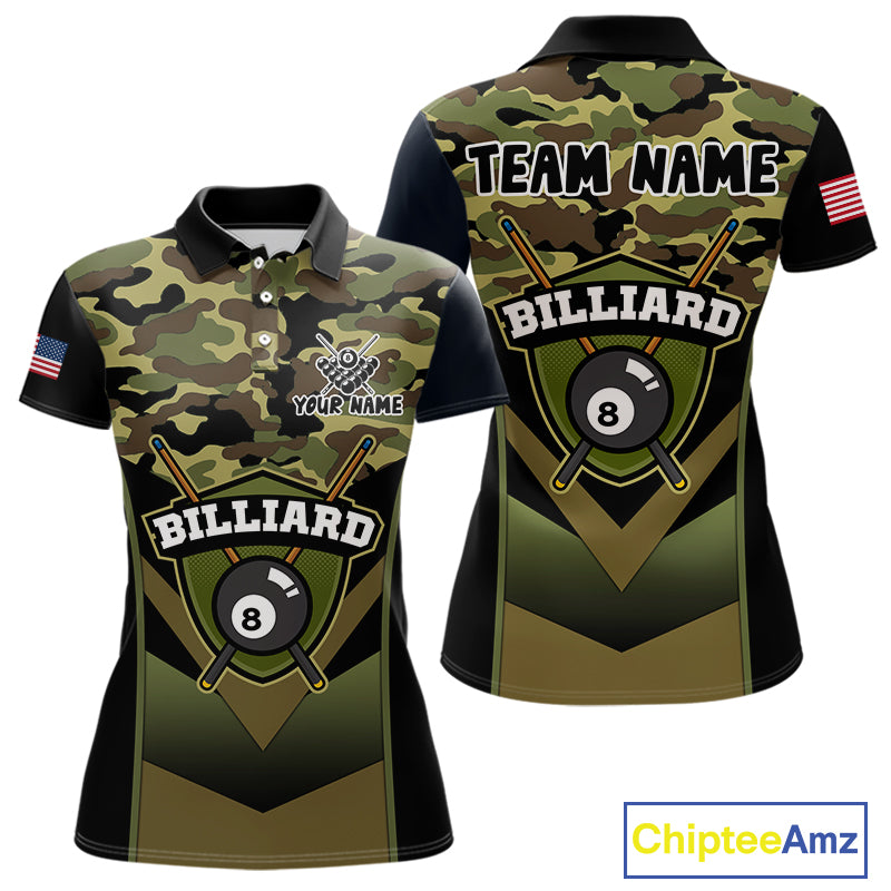 Personalized Green Camo 8 Ball Pool Billiard Shirt For Women, Billiard Team Jersey Polo & 1/4 Zip TDM6076