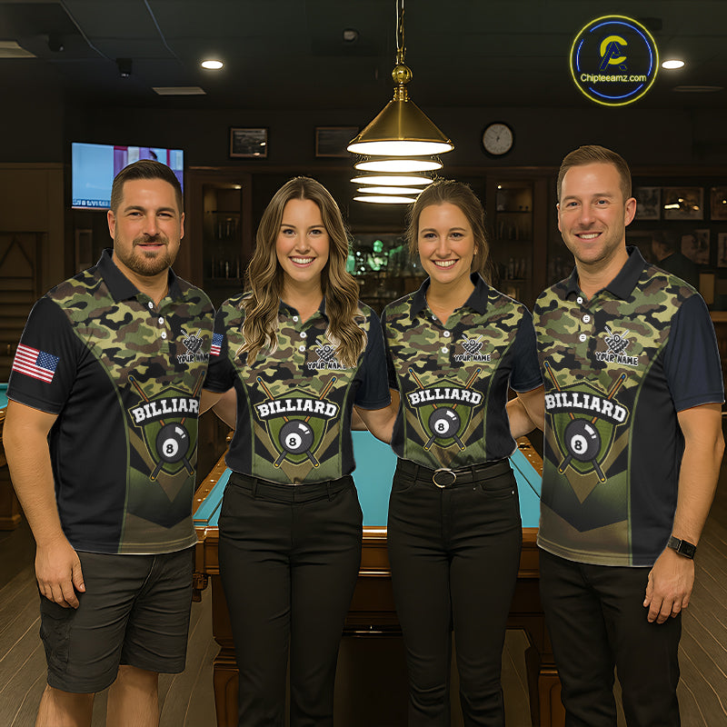 Personalized Green Camo 8 Ball Pool Billiard Shirt For Women, Billiard Team Jersey Polo & 1/4 Zip TDM6076