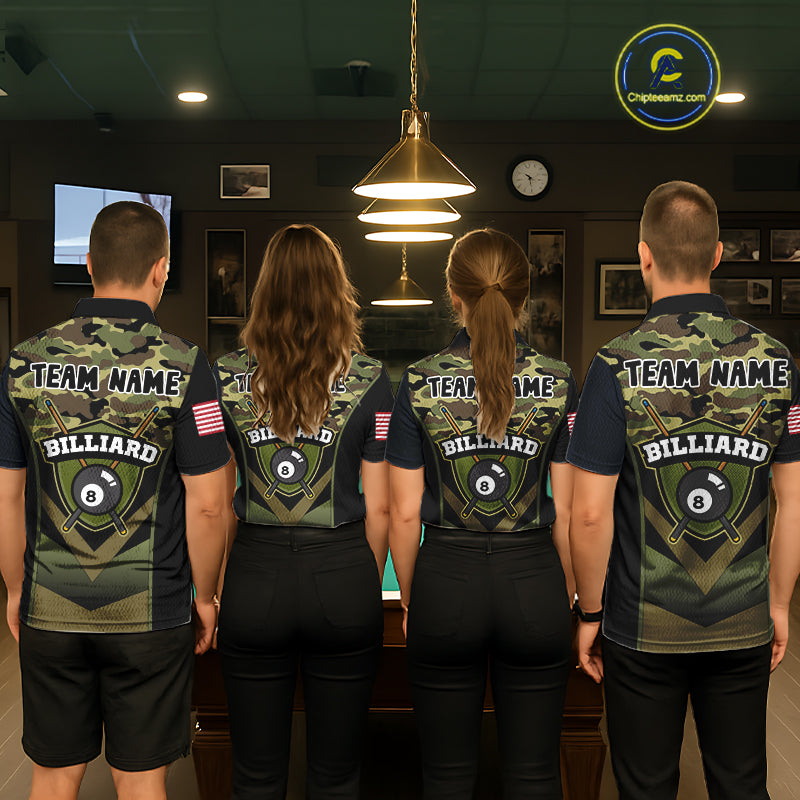 Personalized Green Camo 8 Ball Pool Billiard Shirt For Women, Billiard Team Jersey Polo & 1/4 Zip TDM6076