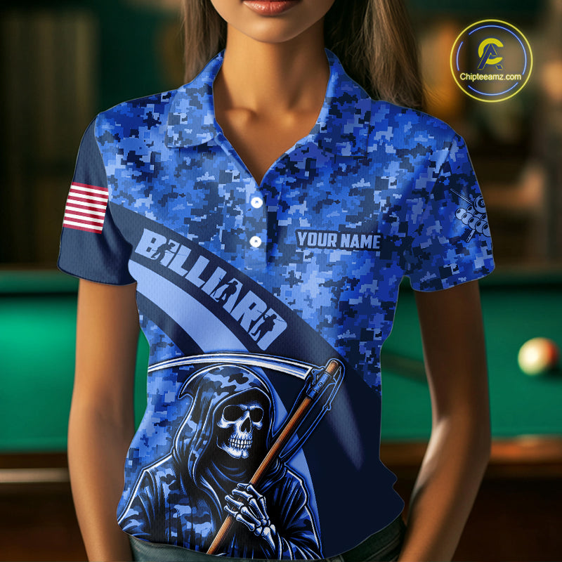 Personalized Grim Reaper Blue Camo Billiard Shirts For Women Custom Military Billiard Jerseys TDM3985