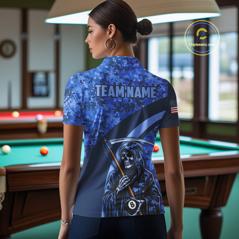 Personalized Grim Reaper Blue Camo Billiard Shirts For Women Custom Military Billiard Jerseys TDM3985