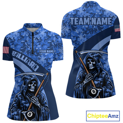 Personalized Grim Reaper Blue Camo Billiard Shirts For Women Custom Military Billiard Jerseys TDM3985