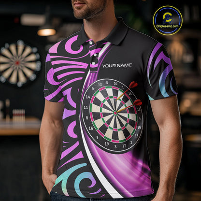 Funny Neon Purple Tribal Dart Shirts For Men – Custom Team Darts Jersey Polo & Quarter Zip TDM3993