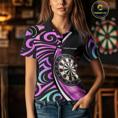 Funny Neon Purple Tribal Dart Shirts For Women – Custom Team Darts Jersey Polo & Quarter Zip TDM3993
