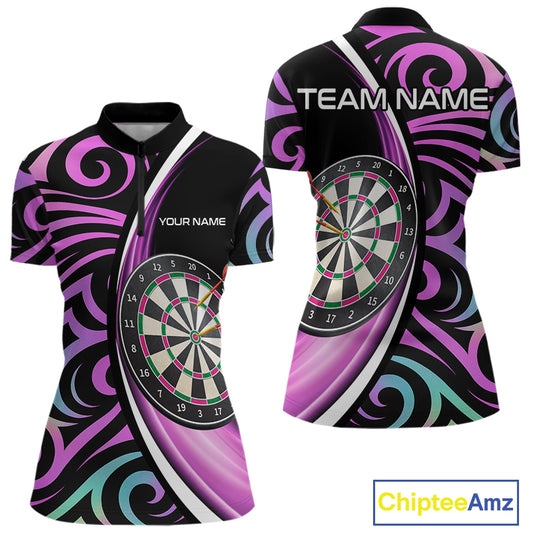Funny Neon Purple Tribal Dart Shirts For Women – Custom Team Darts Jersey Polo & Quarter Zip TDM3993