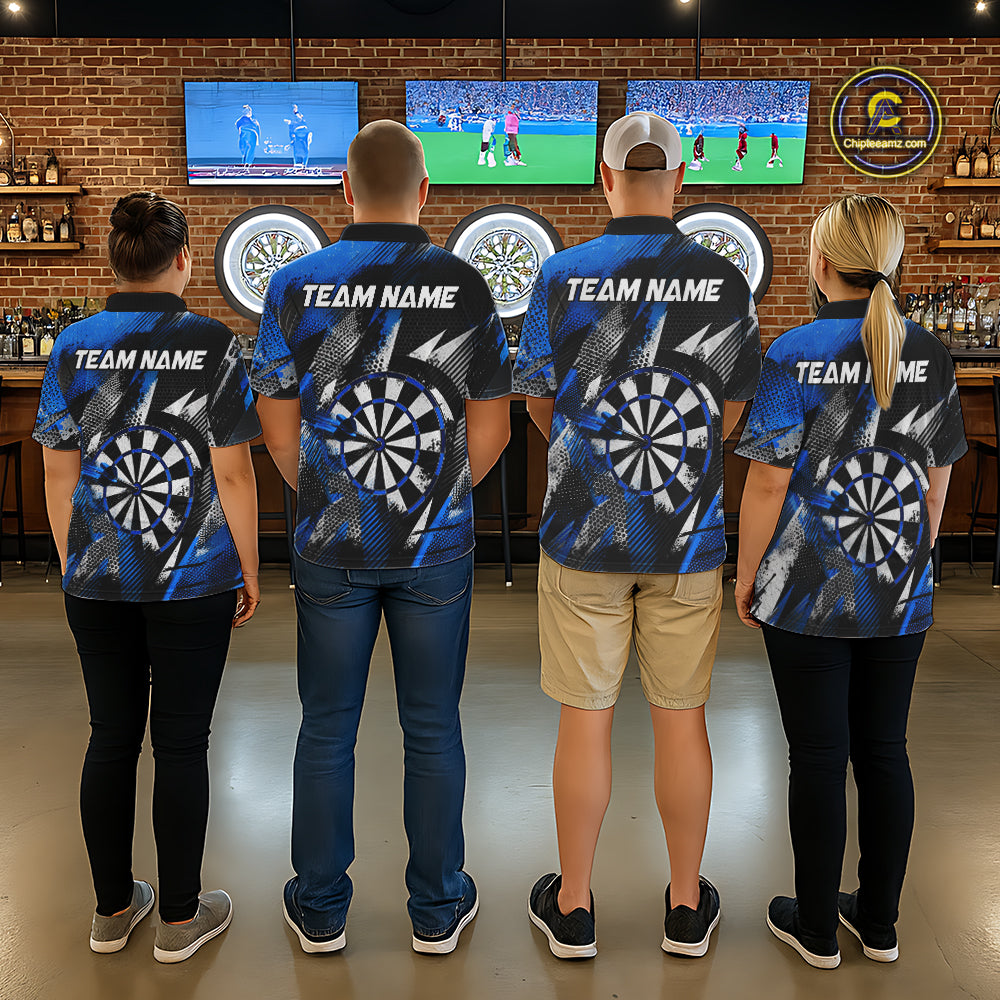 Personalized Blue Geometric Grunge Darts Shirt For Men Custom Darts Team Jersey Polo & 1/4 Zip TDM6507