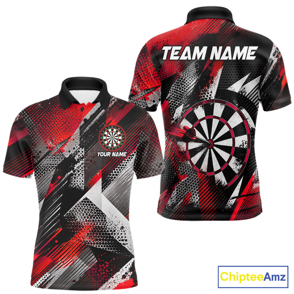 Personalized Red Geometric Grunge Darts Shirt For Men Custom Darts Team Jersey Polo & 1/4 Zip TDM6508