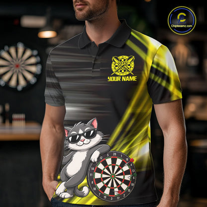Custom Black And Yellow Funny Cat Darts Shirt For Men, Darts Jersey Polo & 1/4 Zip, Darts Gifts TDM6510