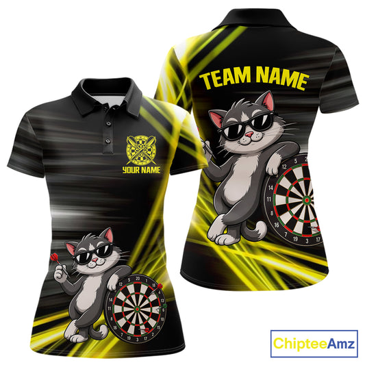 Custom Black And Yellow Funny Cat Darts Shirt For Women, Darts Jersey Polo & 1/4 Zip, Darts Gifts TDM6510