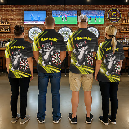 Custom Black And Yellow Funny Cat Darts Shirt For Men, Darts Jersey Polo & 1/4 Zip, Darts Gifts TDM6510