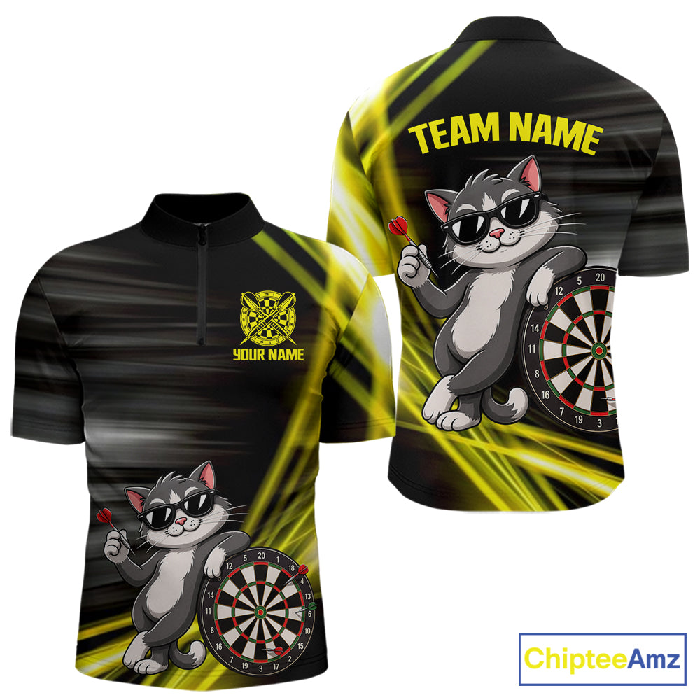Custom Black And Yellow Funny Cat Darts Shirt For Men, Darts Jersey Polo & 1/4 Zip, Darts Gifts TDM6510