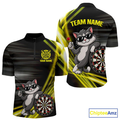 Custom Black And Yellow Funny Cat Darts Shirt For Men, Darts Jersey Polo & 1/4 Zip, Darts Gifts TDM6510