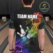 Load image into Gallery viewer, Man wearing colorful rainbow thunder lightning bowling team jersey polo shirt featuring vibrant lightning artwork, back view.