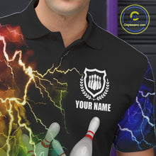 Load image into Gallery viewer, Close-up of the colorful rainbow thunder lightning bowling team jersey polo shirt showing the collar, buttons, premium fabric and colorful lightning graphics.