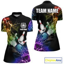 Load image into Gallery viewer, Colorful rainbow thunder lightning bowling team jersey quarter zip shirt for women featuring vivid thunder lightning graphics, premium custom bowling league apparel.