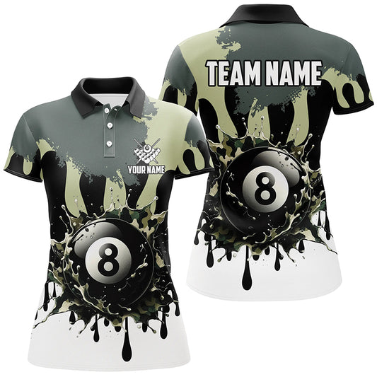 Personalized 8 Ball Pool Green Camo Ink Billiard Shirts For Women, Gifts For Team Billiard Lovers TDM2225