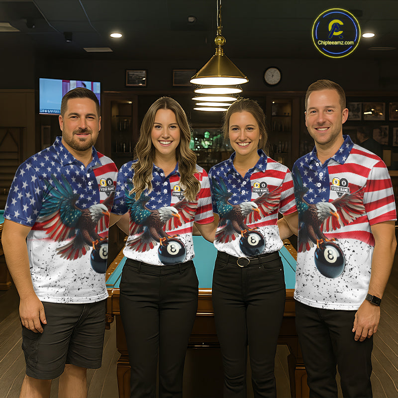 Custom Grunge American Flag Eagle 8 Ball 9 Ball Billiard Shirts For Men, Patriotic Pool Team Jersey TDM7245