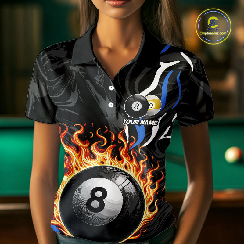 Personalized 8 Ball & 9 Ball Fire Flame Women Billiard Shirt, Billiard Jersey For Team Pooler |Blue TDM5209