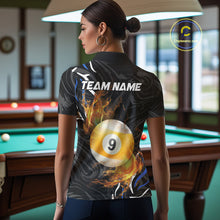 Load image into Gallery viewer, Personalized 8 Ball &amp; 9 Ball Fire Flame Women Billiard Shirt, Billiard Jersey For Team Pooler |Blue TDM5209