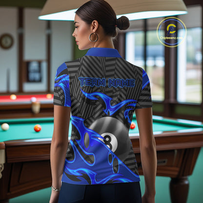 Custom Black And Blue 8 Ball Tribal Flame Billiard Shirt For Women, Pool Team Jersey Polo & 1/4 Zip TDM5724