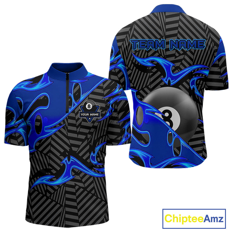 Custom Black And Blue 8 Ball Tribal Flame Billiard Shirt For Men, Pool Team Jersey Polo & 1/4 Zip TDM5724