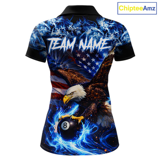 Blue Flaming Eagle 8 Ball Pool Billiard Shirt For Women Custom American Flag Billiard Team Jersey TDM5727