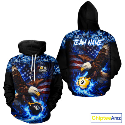 Blue Flaming Eagle 8 Ball 9 Ball Pool Hoodie For Men And Women Custom American Flag Billiard Hoodie TDM5729