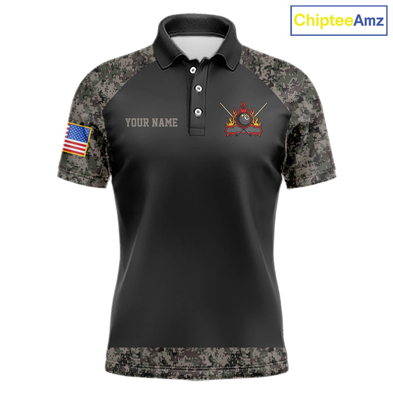 Personalized Retro Camo US Flag Billiard Shirt For Men, 8 Ball Pool Team Jersey Polo & 1/4 Zip TDM6336