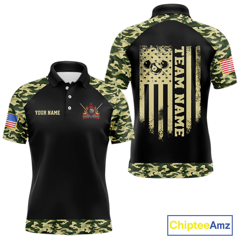 Personalized Green Camo US Flag Billiard Shirt For Men Custom Pool Team Jersey Polo & 1/4 Zip TDM6337