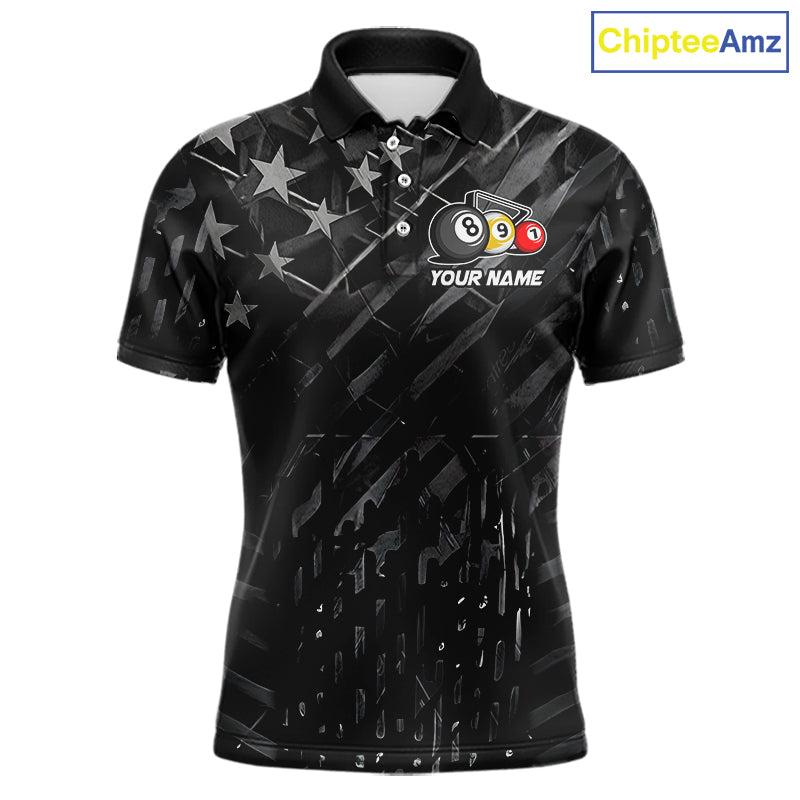 Black US Flag 9 Ball Pool Wings Billiard Shirt For Men Custom Billiard Team Jersey Polo & 1/4 Zip TDM6340