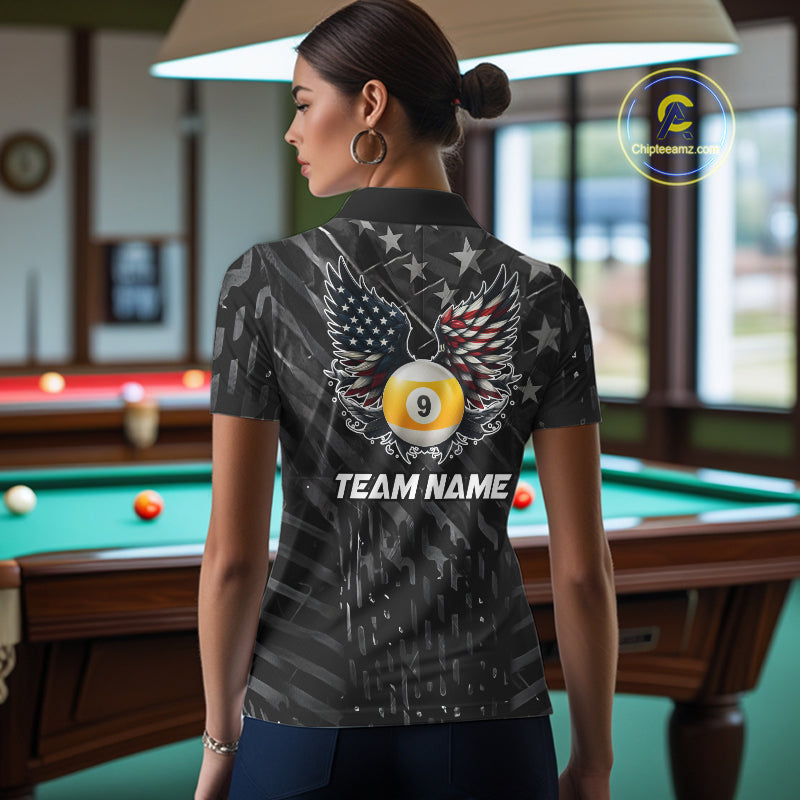 Black US Flag 9 Ball Pool Wings Billiard Shirt For Women Custom Billiard Team Jersey Polo & 1/4 Zip TDM6340