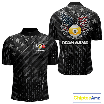 Black US Flag 9 Ball Pool Wings Billiard Shirt For Men Custom Billiard Team Jersey Polo & 1/4 Zip TDM6340