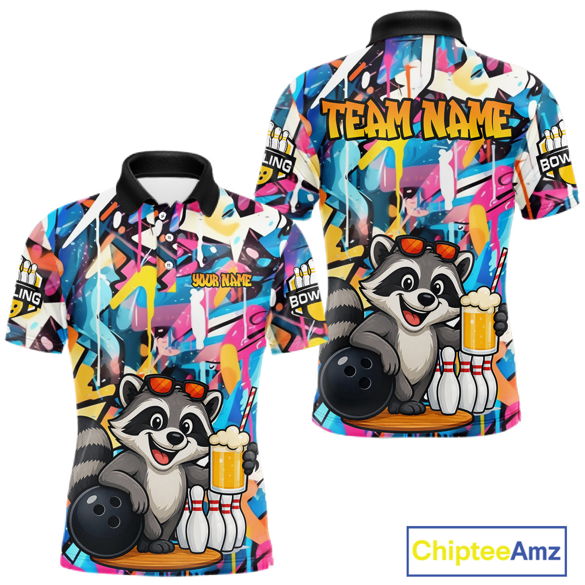 Funny Raccoon Colorful Graffiti Bowling Shirts For Men, Best Bowling Team Jersey Polo & 1/4 Zip TDM6512