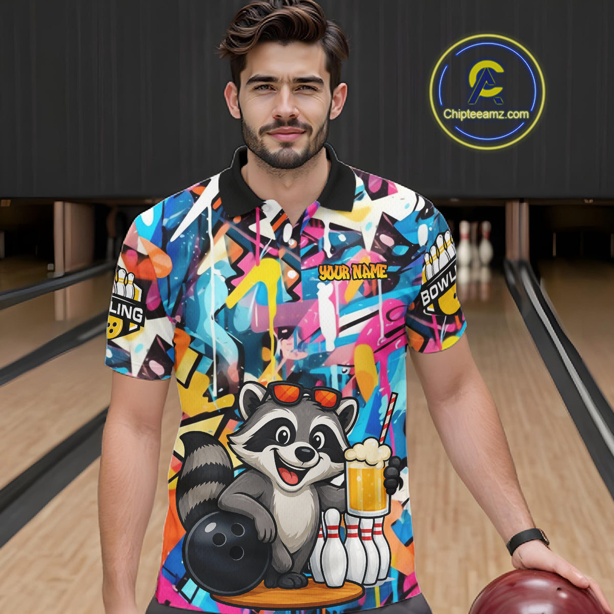 Funny Raccoon Colorful Graffiti Bowling Shirts For Men, Best Bowling Team Jersey Polo & 1/4 Zip TDM6512