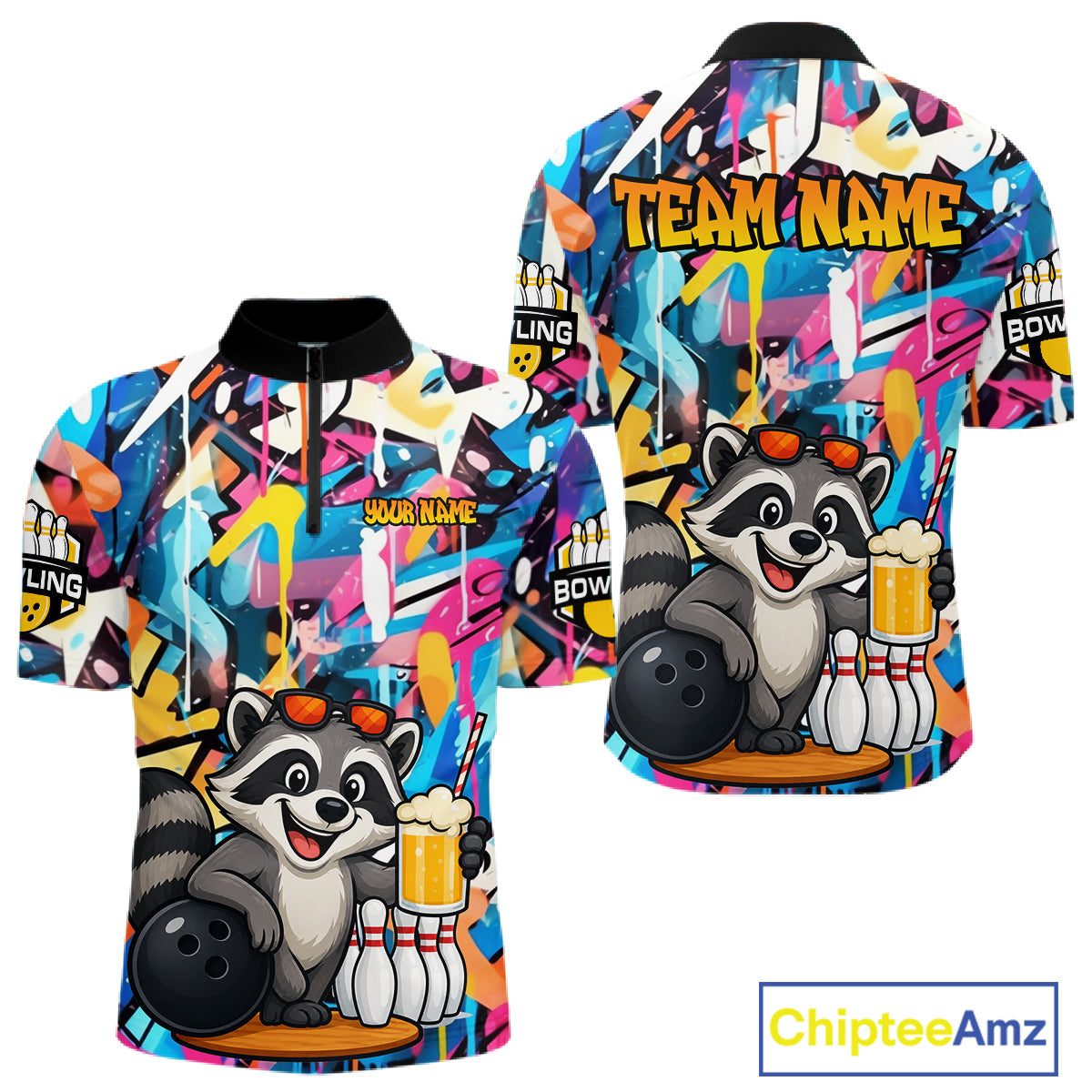 Funny Raccoon Colorful Graffiti Bowling Shirts For Men, Best Bowling Team Jersey Polo & 1/4 Zip TDM6512