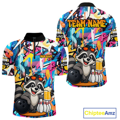 Funny Raccoon Colorful Graffiti Bowling Shirts For Men, Best Bowling Team Jersey Polo & 1/4 Zip TDM6512
