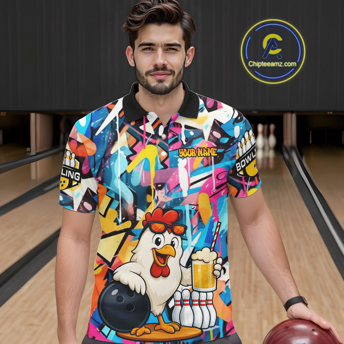 Funny Chicken Colorful Graffiti Bowling Shirts For Men, Best Bowling Team Jersey Polo & 1/4 Zip TDM6515
