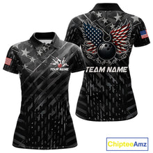 Load image into Gallery viewer, Black American flag wings bowling polo shirt for women with patriotic team graphics.