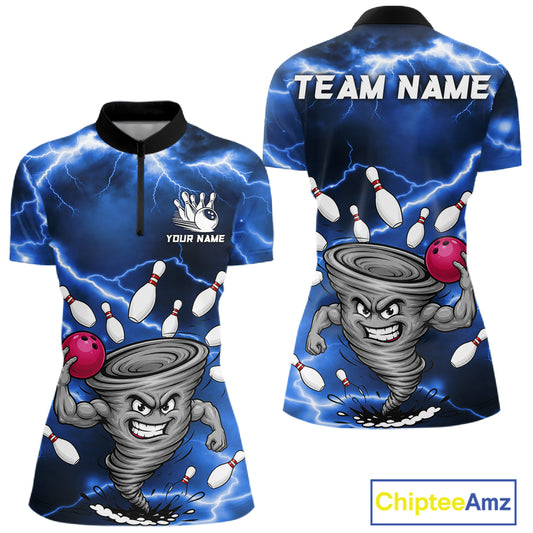 Blue thunder lightning tornado bowling quarter zip shirt for women designed for league tournaments and team events.