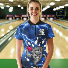 Load image into Gallery viewer, Woman wearing a blue thunder lightning tornado bowling quarter zip jersey during league competition front view.