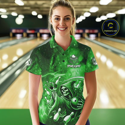 Funny Green Grim Reaper Galaxy Bowling Shirt For Women Custom Bowling Team Jersey Polo & 1/4 Zip TDM7247