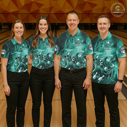 Funny Teal Grim Reaper Galaxy Bowling Shirt For Women Custom Bowling Team Jersey Polo & 1/4 Zip TDM7248