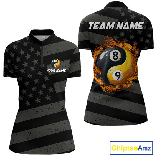 Black US Flag Yin-Yang 8 Ball & 9 Ball Custom Billiard Shirts For Women, Billiard Team Jersey TDM5460