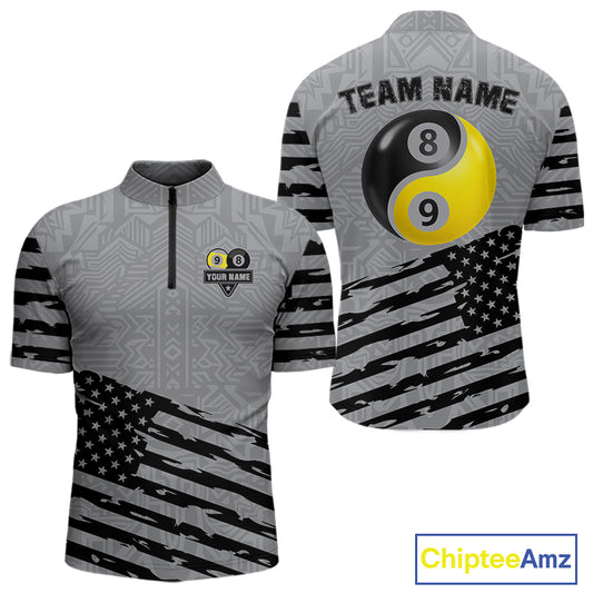 Grey US Flag Yin-Yang 8 & 9 Ball Billiard Shirt For Men Custom Pool Team Jersey Polo & 1/4 Zip TDM5463