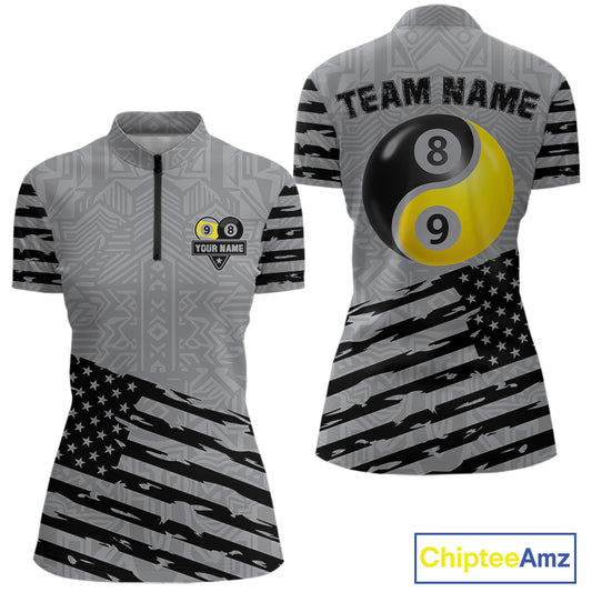 Grey US Flag Yin-Yang 8 & 9 Ball Billiard Shirt For Women Custom Pool Team Jersey Polo & 1/4 Zip TDM5463